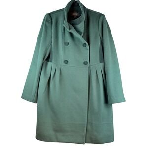 Badgley Mischka Womens Green Wool Double Breasted Pleated Flare Coat XL Velvet